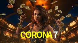 Una escena digital vívida inspirada en casino con CORONA7 mostrado prominentemente, luces brillantes, fichas, cartas y acentos dorados.